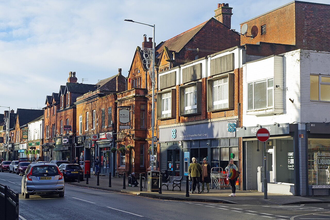 Shops and bay-fronted buildings on Heaton Moor Road